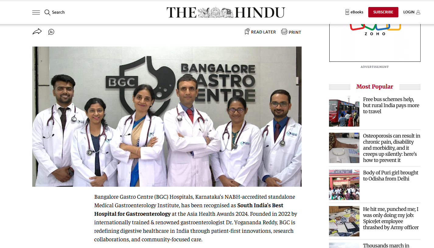 The Hindu (Article on Bangalore Gastro Centre Hospitals)